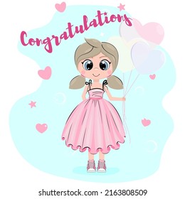 Cute girl with balloons in the shape of hearts