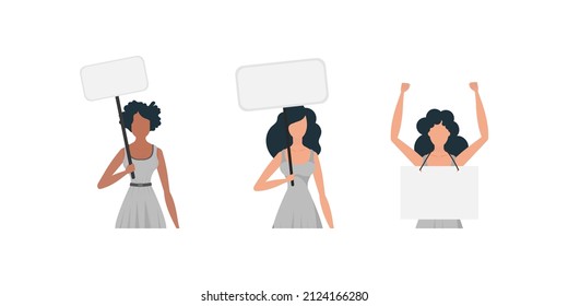 Cute girl with a banner in her hands. The concept of expressing thoughts, dissatisfaction and protests. Set for banners and designs. Vector.