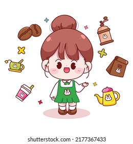 Cute girl barista cafe coffee shop with element hand drawn cartoon illustration