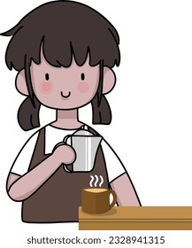 cute girl barista holding cup of milk making latte coffee.