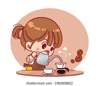 Cute girl barista making coffee manual brew drip coffee and accessories cartoon art illustration