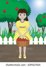 cute girl with basket of apples standing in the garden