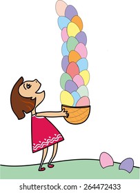 Cute girl with basket full of Easter eggs