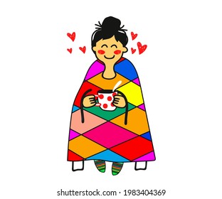 A cute girl is basking in a colored blanket. Cartoon. Vector illustration.