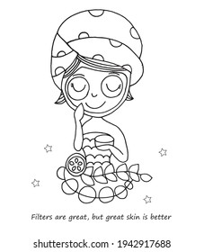 Cute girl in bath towel with cosmetic face mask on her face smiling and relaxing. Vector illustration. Medi leaves and starts near her.