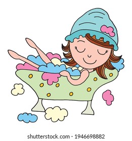 Cute girl in the bath tub. Vector illustration. Little girl is taking a bath.