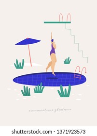 Cute girl in a bathing suit jumping into the pool. Leisure activities near the water in the summer. Vector illustration in trendy flat style.