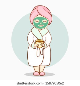 Cute Girl in a bathrobe and mask take spa treatments. Cartoon Vector illustration.