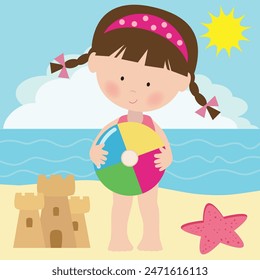 Muchacha linda con la ilustración de la historieta del Vector de la bola de playa