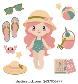 Cute girl with beach vacation accessories.