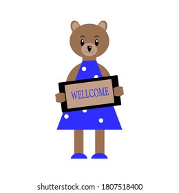 Cute girl bear character keeping the Wellcome plate. Vector illustration in cartoon flat style