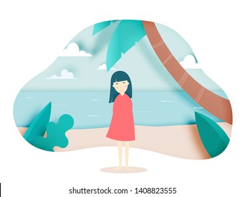 Cute girl with Beautiful beach background paper art and pastel color scheme vector illustation