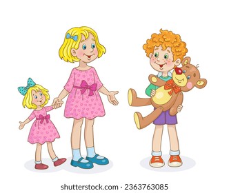 Cute girl with beautiful doll and funny boy with teddy bear.  In cartoon style. Isolated on white background. Vector illustration