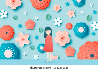 Cute girl with Beautiful floral paper art and pastel color scheme vector illustation