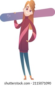 Cute girl with beautiful long hair smiles and holds a purple snowboard over her shoulder