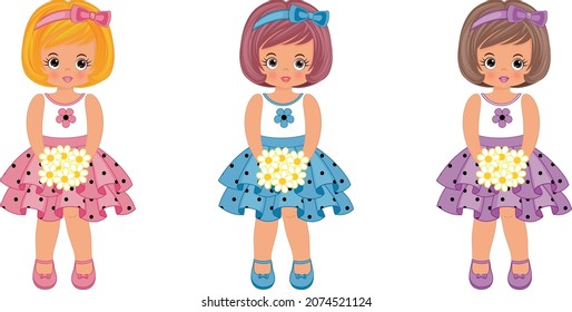 Cute girl, beautiful outfits clipart. Girls in elegant dresses. Girls with flowers.