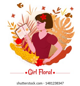 Cute girl beauty with book among the leaves and flowers of exotic plants summer in a T-shirt. Illustration vector isolated banner poster postcard trend flat cartoon style.