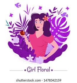 Cute girl beauty with long romantic hair with apple among the leaves and flowers of exotic plants summer in a T-shirt. Illustration vector isolated banner poster postcard trend flat cartoon style.