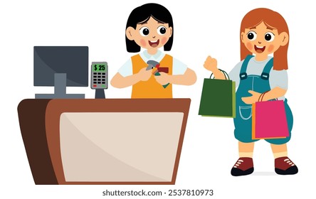 cute girl becomes a cashier at a shopping center. Cashier Worker Standing at Checkout Station