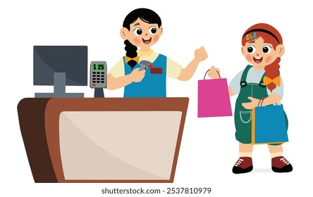 cute girl becomes a cashier at a shopping center. Cashier Worker Standing at Checkout Station