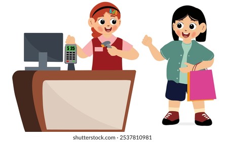 cute girl becomes a cashier at a shopping center. Cashier Worker Standing at Checkout Station