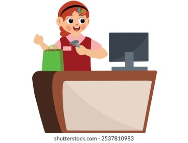 cute girl becomes a cashier at a shopping center. Cashier Worker Standing at Checkout Station