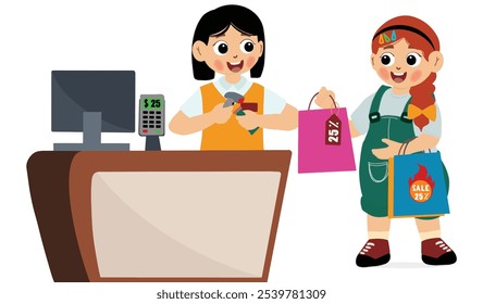 cute girl becomes a cashier at a shopping center. Cashier Worker Standing at Checkout Station