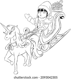 Cute Girl Becomes Santa Claus On Christmas While Riding Santa's Train Unicorn Little Pony , Black and white line vector Cartoon illustration For Coloring book page svg