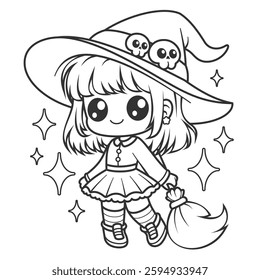 Cute girl becomes a witch, for coloring