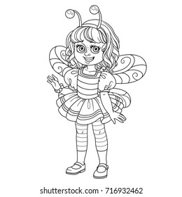 Cute girl in bee costume outlined for coloring page