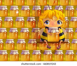 Cute girl bee on a background honey stocks. Animation character. Funny insect. Advertisement eco product. Natural dessert. Organic food. Ecological product. Hand drawn vector illustration 