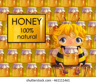 Cute girl bee on a background honey stocks. Animation character. Funny insect. Advertisement eco product. Natural dessert. Organic food. Ecological product. Hand drawn vector illustration 