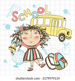 A cute girl with a bell and a briefcase goes to school. Back to school. The school bus. Vector