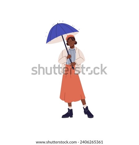 Cute girl in beret posing under umbrella. Happy kid standing, holding parasol, hiding from rain. Joyful child with brolly rejoices rainy weather. Flat isolated vector illustration on white background