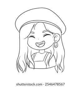 Cute girl in beret. Vector illustration for coloring book.