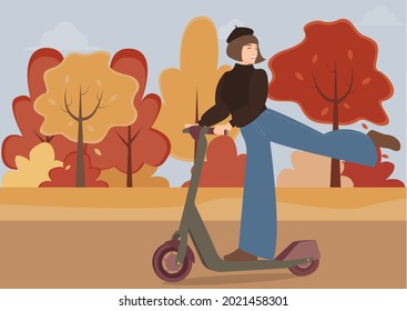 A cute girl in beret and wide leg jeans rides a scooter, lifts her leg and smiles. Background landscape with autumn forest or park. Vector illustration. The concept of active rest.