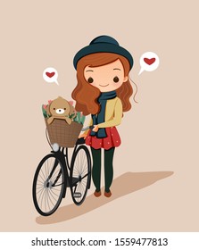 cute girl with bicycle and dog in Winter costume.