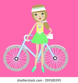 cute girl with a bicycle. flat vector