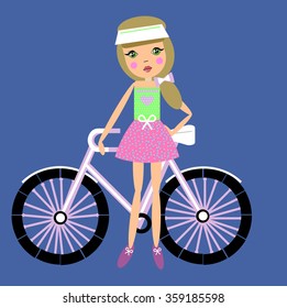 cute girl with a bicycle. flat vector