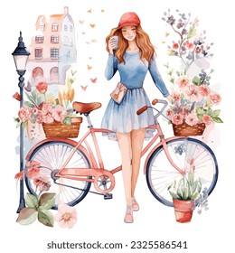 Cute girl with bicycle flower watercolor paint