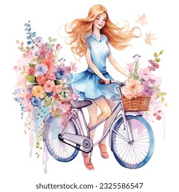 Cute girl with bicycle flower watercolor paint