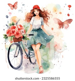 Cute girl with bicycle flower watercolor paint