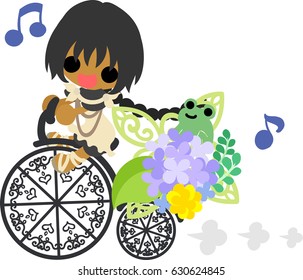A cute girl and a bicycle and hydrangeas