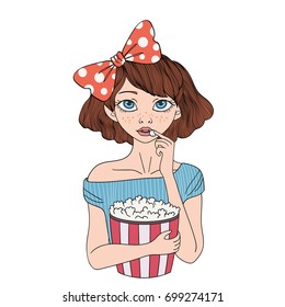 Cute girl with with a big Cup of popcorn. Young woman in cinema. Vector portrait illustration, isolated on white background.