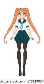 Cute girl with big eyes and wearing japanese school uniform and medical mask. Hand drawn vector illustration isolated on white.