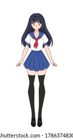 Cute girl with big eyes and wearing japanese school uniform and medical mask. Hand drawn vector illustration isolated on white.