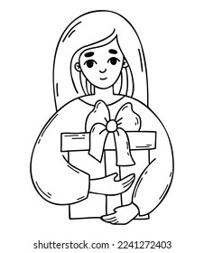 Cute girl with big gift box. Vector linear hand drawn doodle. Female character for design of holiday themes