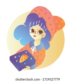 Cute girl with a big hat and blue hair holds a box with pizza. Colorful vector isolated illustration of a pizza delivery girl. A friendly character suitable for an online store, packaging design.