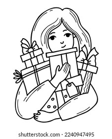 Cute girl with big pile of gifts and boxes with bows. Vector illustration. Outline hand drawn. Female character for design of holiday themes, gifts and sales, shoping