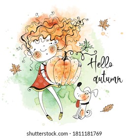 Cute girl with a big pumpkin. Autumn harvest. Thanksgiving day. Watercolor graphics. Vector.